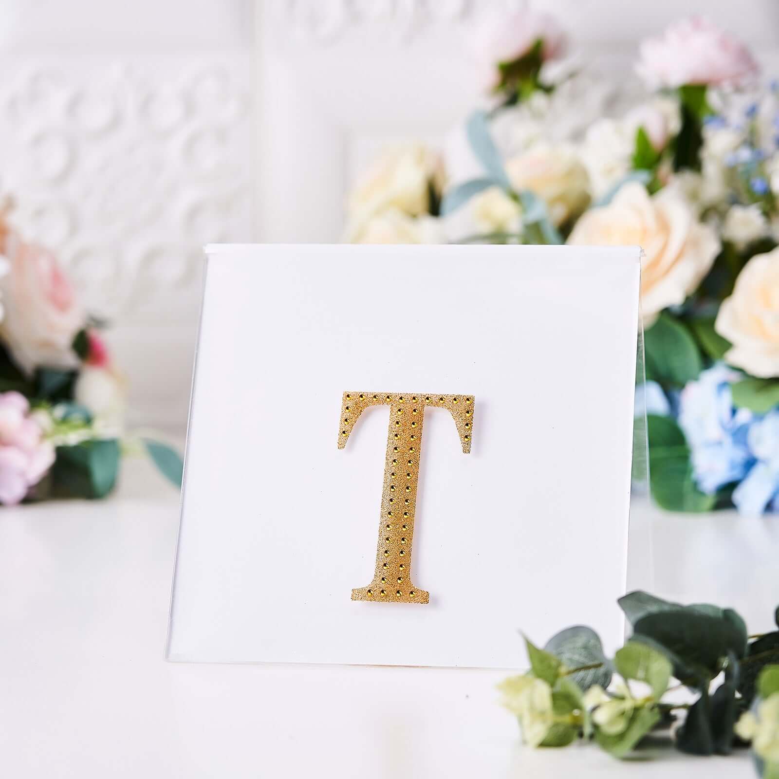 Decorative Rhinestone Alphabet "T" Letter Stickers, Glitter Adhesive Craft Letters Gold DIY Sparkle Embellishments 4"