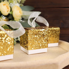 25 Pack 2" Gold Sequin Glitter Party Favor Boxes With White Ribbon Loop, Wedding Favor Gift Boxes, Candy Cases