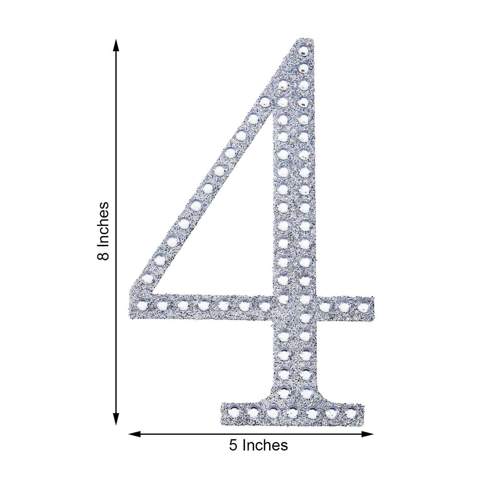 Decorative Rhinestone Number "4" Stickers, Glitter Adhesive Craft Numbers Silver DIY Sparkle Embellishments 8"