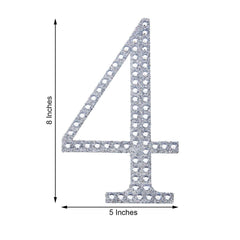 Decorative Rhinestone Number "4" Stickers, Glitter Adhesive Craft Numbers Silver DIY Sparkle Embellishments 8"