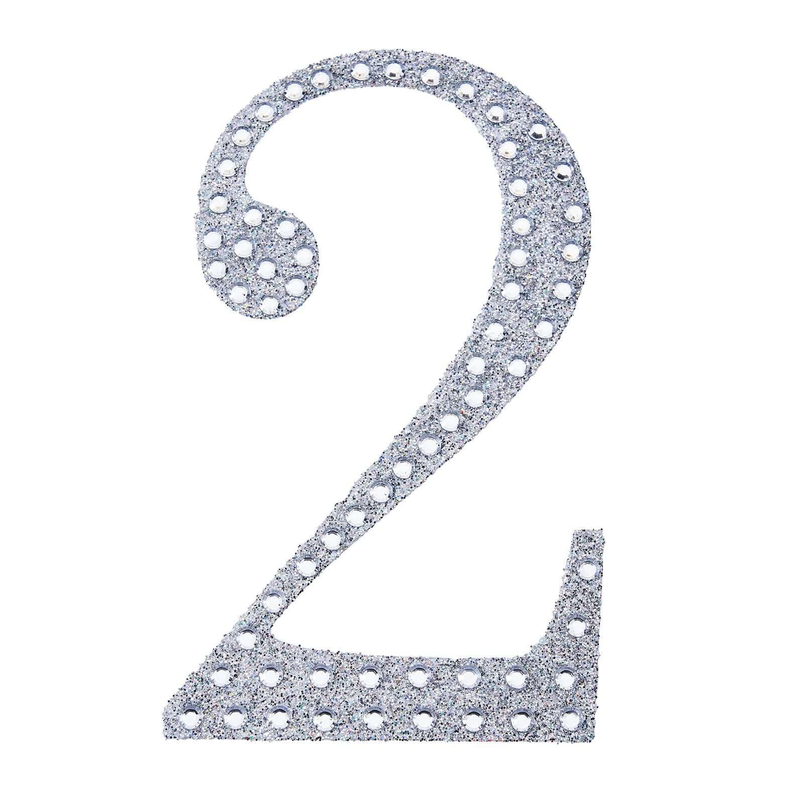 Decorative Rhinestone Number "2" Stickers, Glitter Adhesive Craft Numbers Silver DIY Sparkle Embellishments 4"