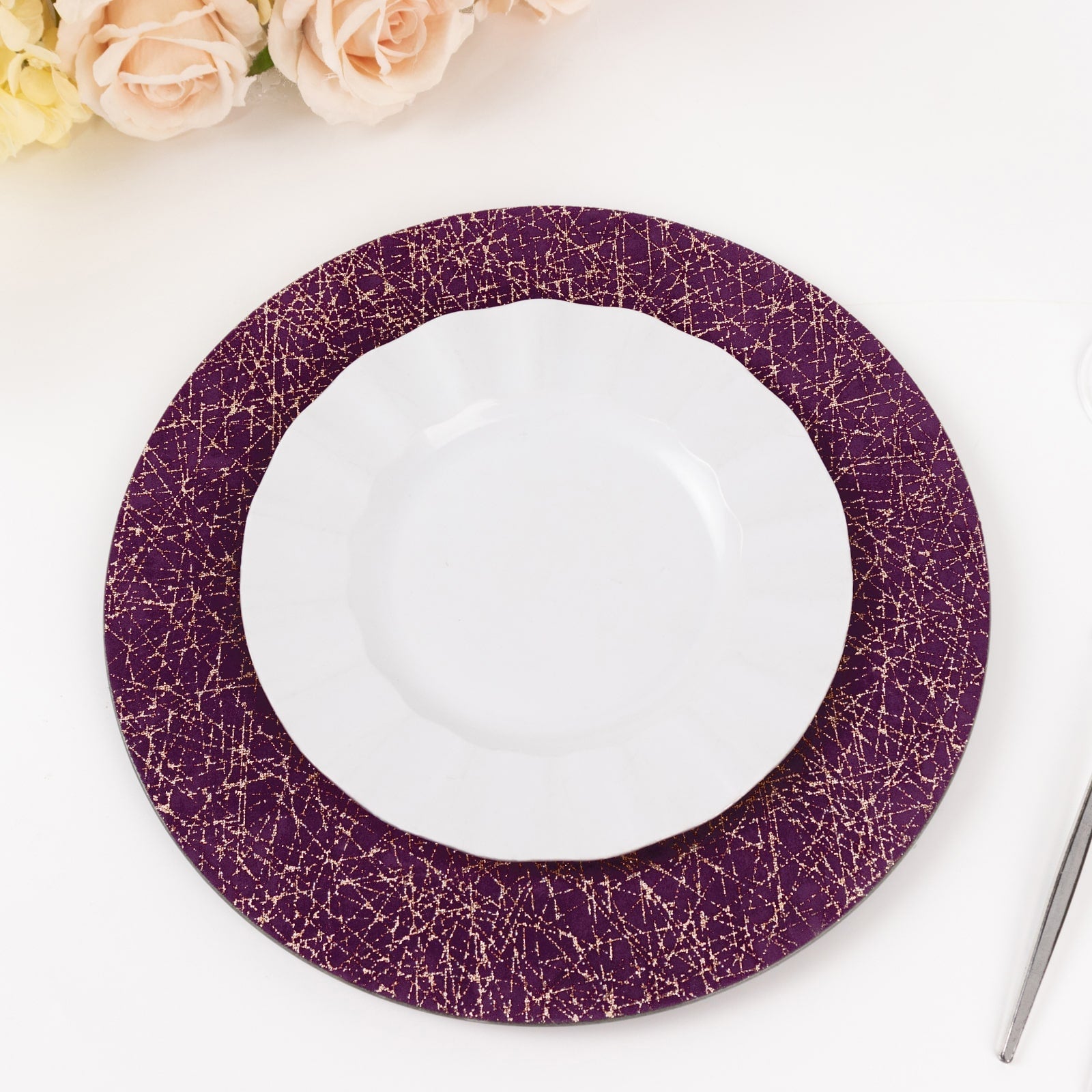 6-Pack Acrylic Round Charger Plates 13" in Purple with Gold Glitter Abstract Lines Pattern, Decorative Dinner Party Charger Tableware