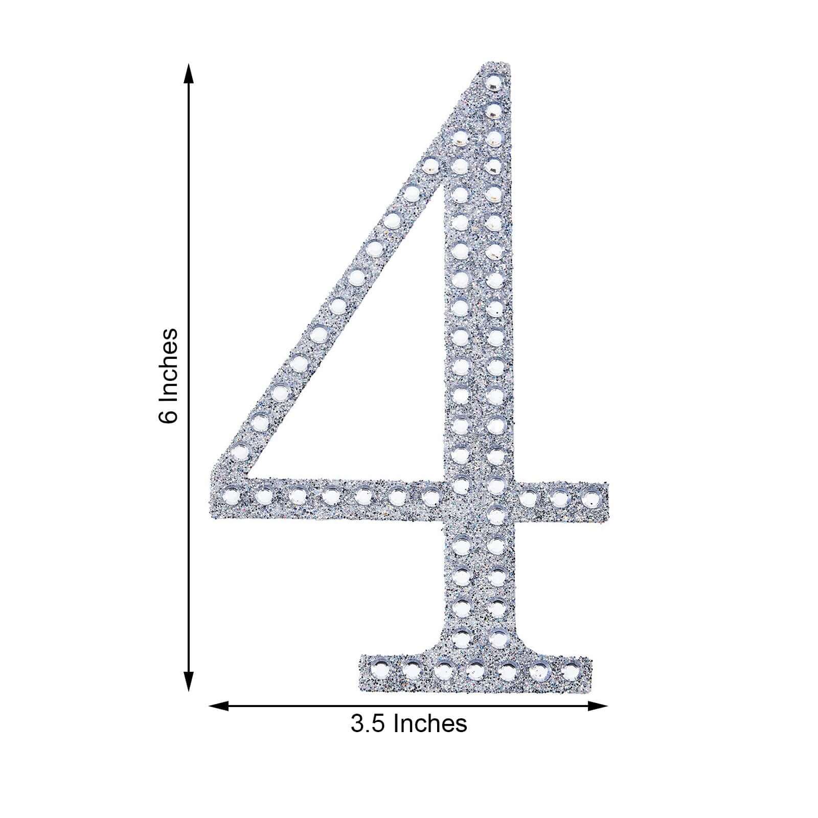 Decorative Rhinestone Number "4" Stickers, Glitter Adhesive Craft Numbers Silver DIY Sparkle Embellishments 6"