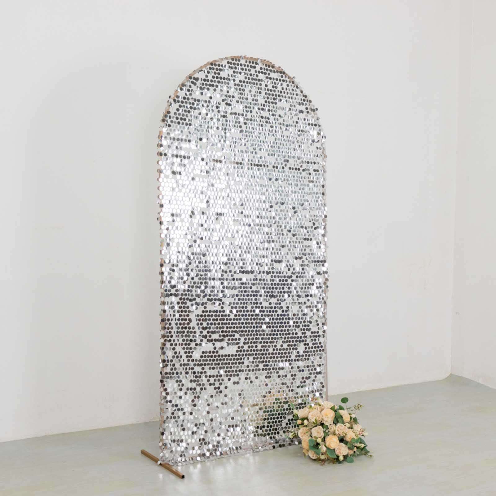 7ft Sparkly Silver Big Payette Sequin Fitted Wedding Arch Cover for Round Top Chiara Backdrop Stand