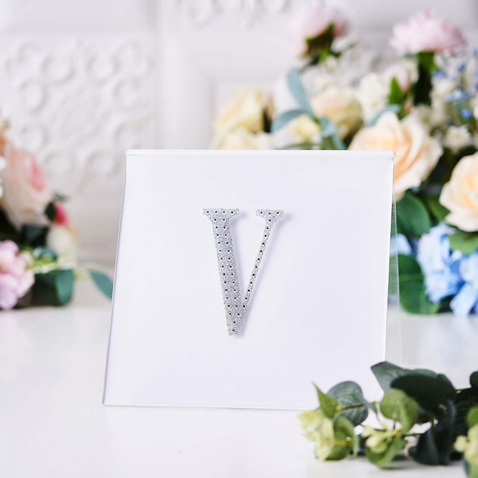 Decorative Rhinestone Alphabet "V" Letter Stickers, Glitter Adhesive Craft Letters Silver DIY Sparkle Embellishments 4"