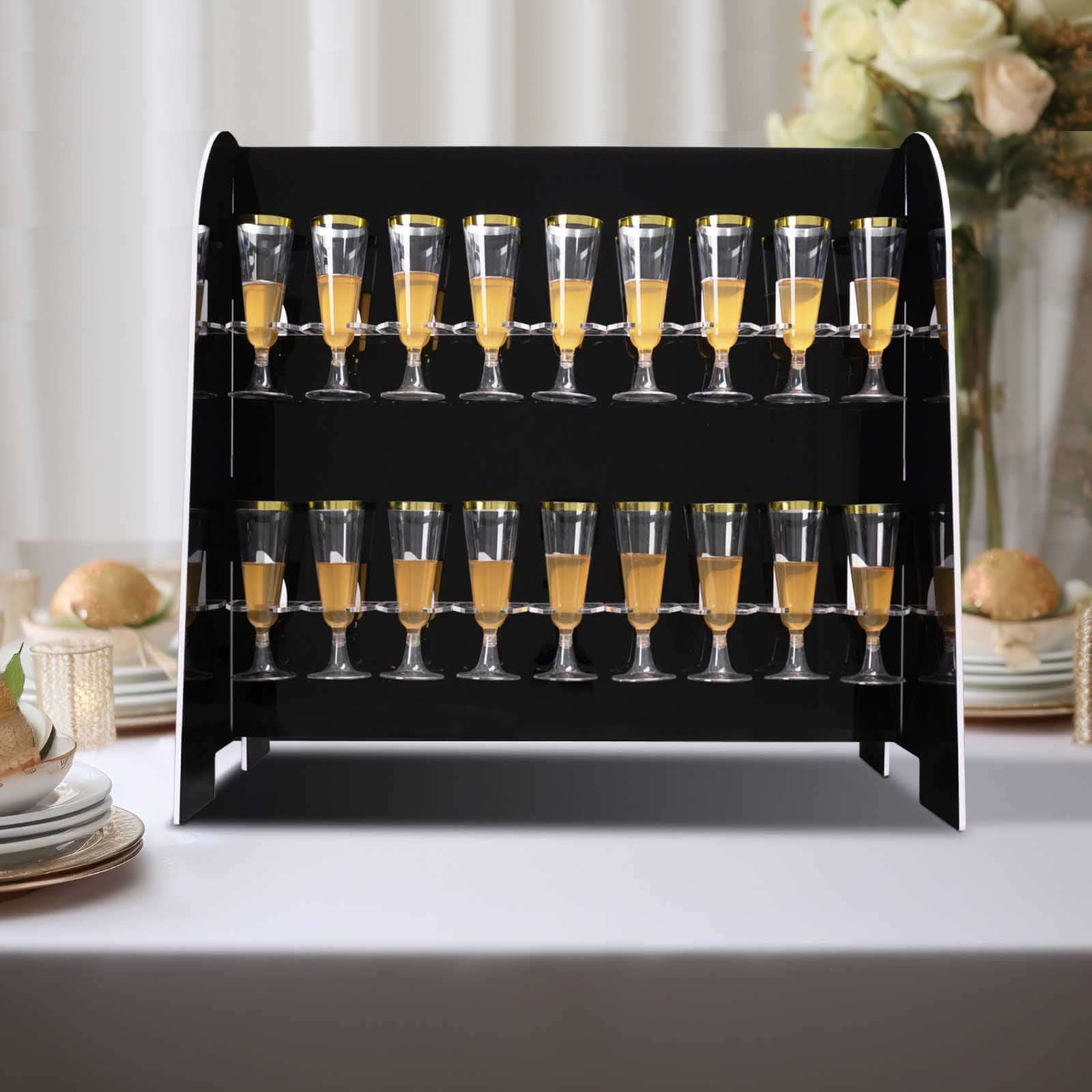 2-Tier Champagne Glass Holder Display Stand Table Top in Glossy Black - Modern Stemware Rack Cocktail Drink Holder with 18 Hooks for Events & DIY Bars 25"