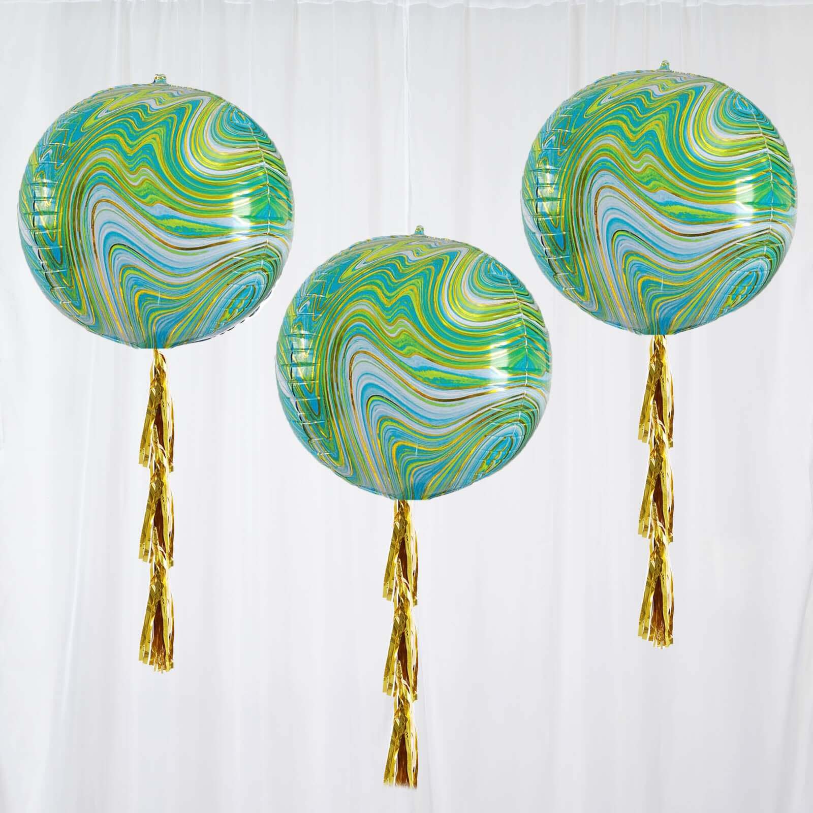 3 Pack 13" Green Gold Marble Orbz Foil Balloons, 4D Sphere Mylar Balloons