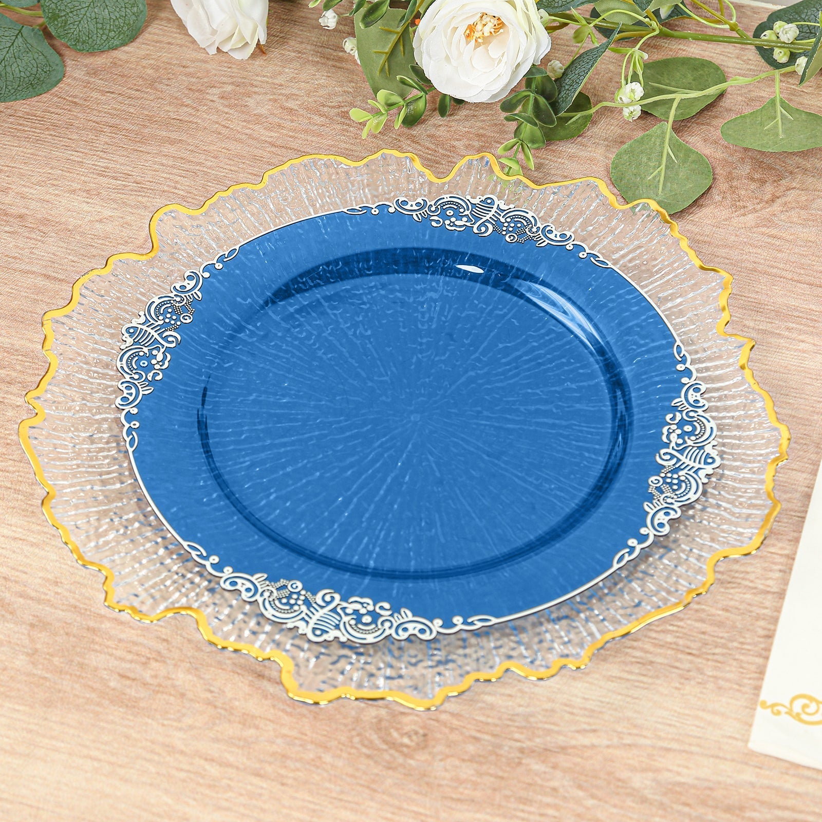 10-Pack Plastic 10" Round Dinner Plates in Transparent Navy Blue with Silver Leaf Embossed Rim - Disposable Vintage Baroque Style Plates