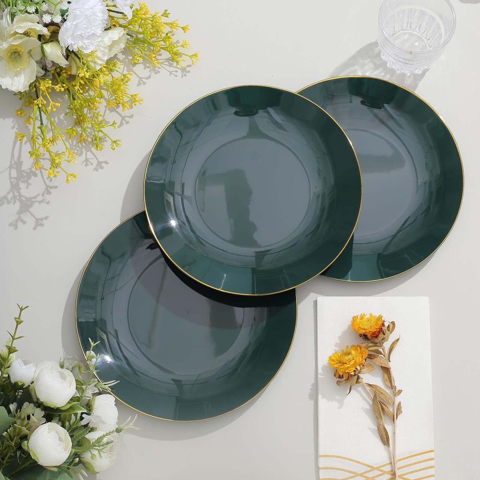 10-Pack Plastic 8" Round Dessert Plates in Hunter Emerald Green with Gold Rim - Glossy Disposable Appetizer Salad Plates