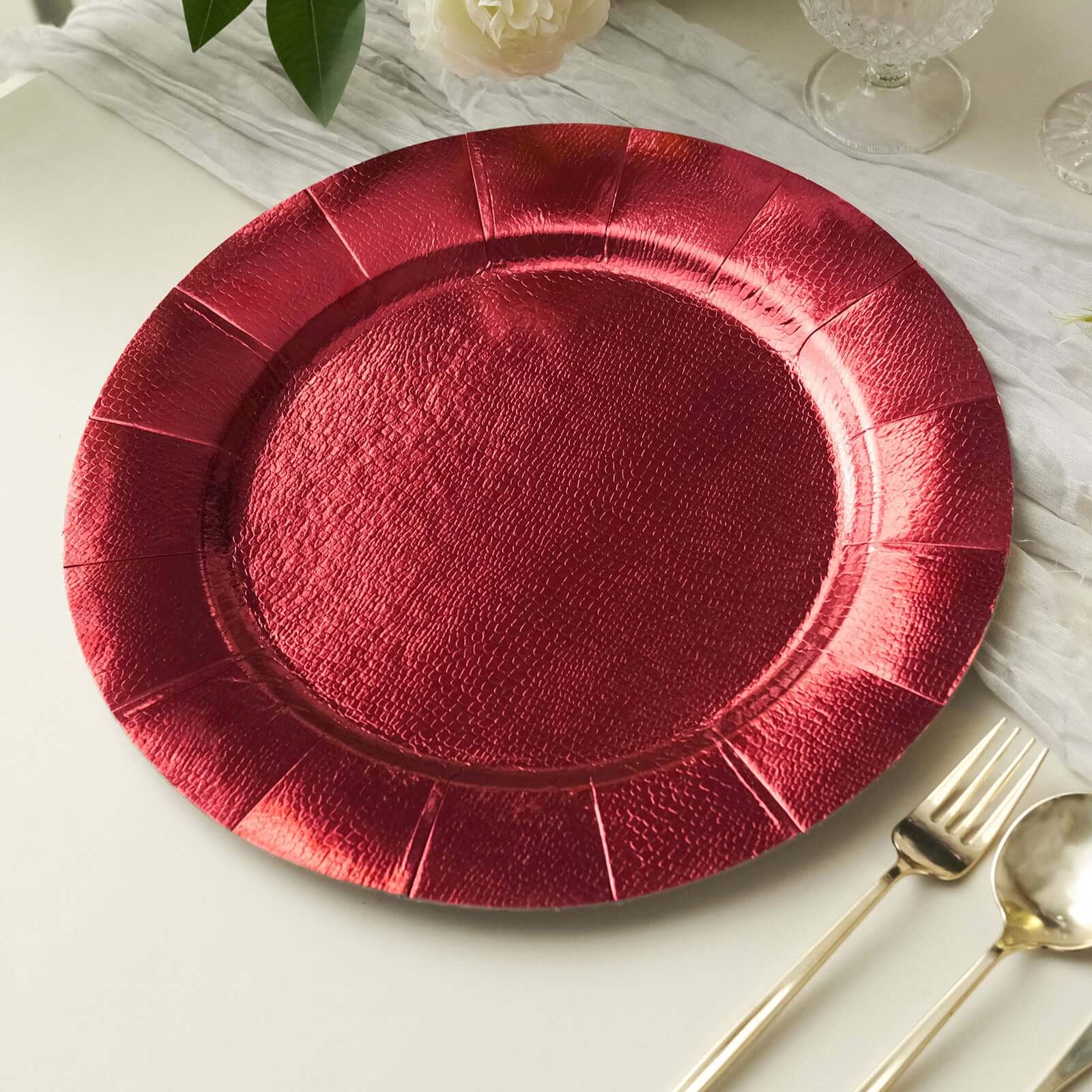 10-Pack Disposable Round Charger Plates in Red with Leathery Texture - Durable 1100GSM Cardboard Placemats 13"