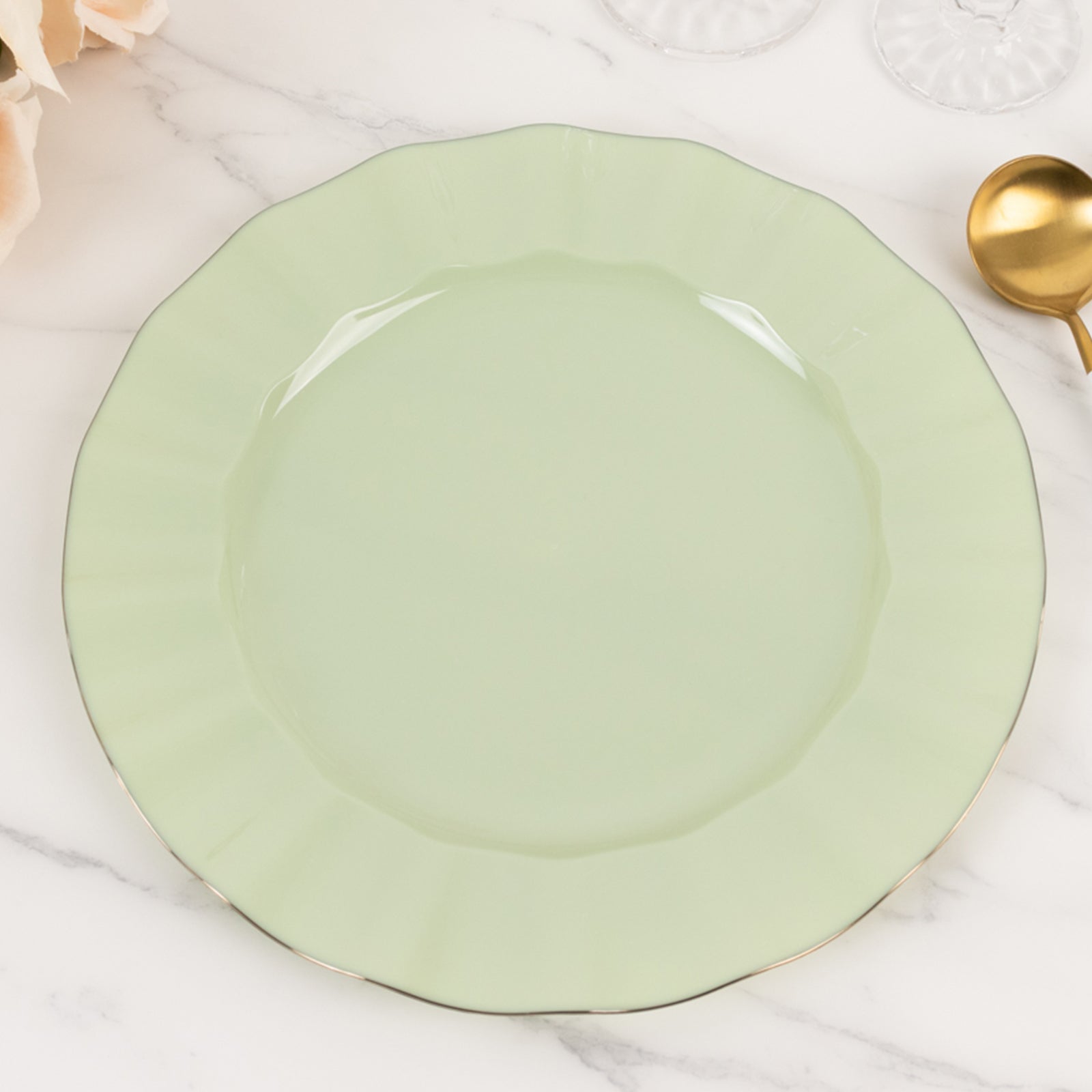 10-Pack Plastic 11" Round Dinner Plates in Sage Green Ruffled Rim with Gold Edging - Sturdy Disposable Dinnerware