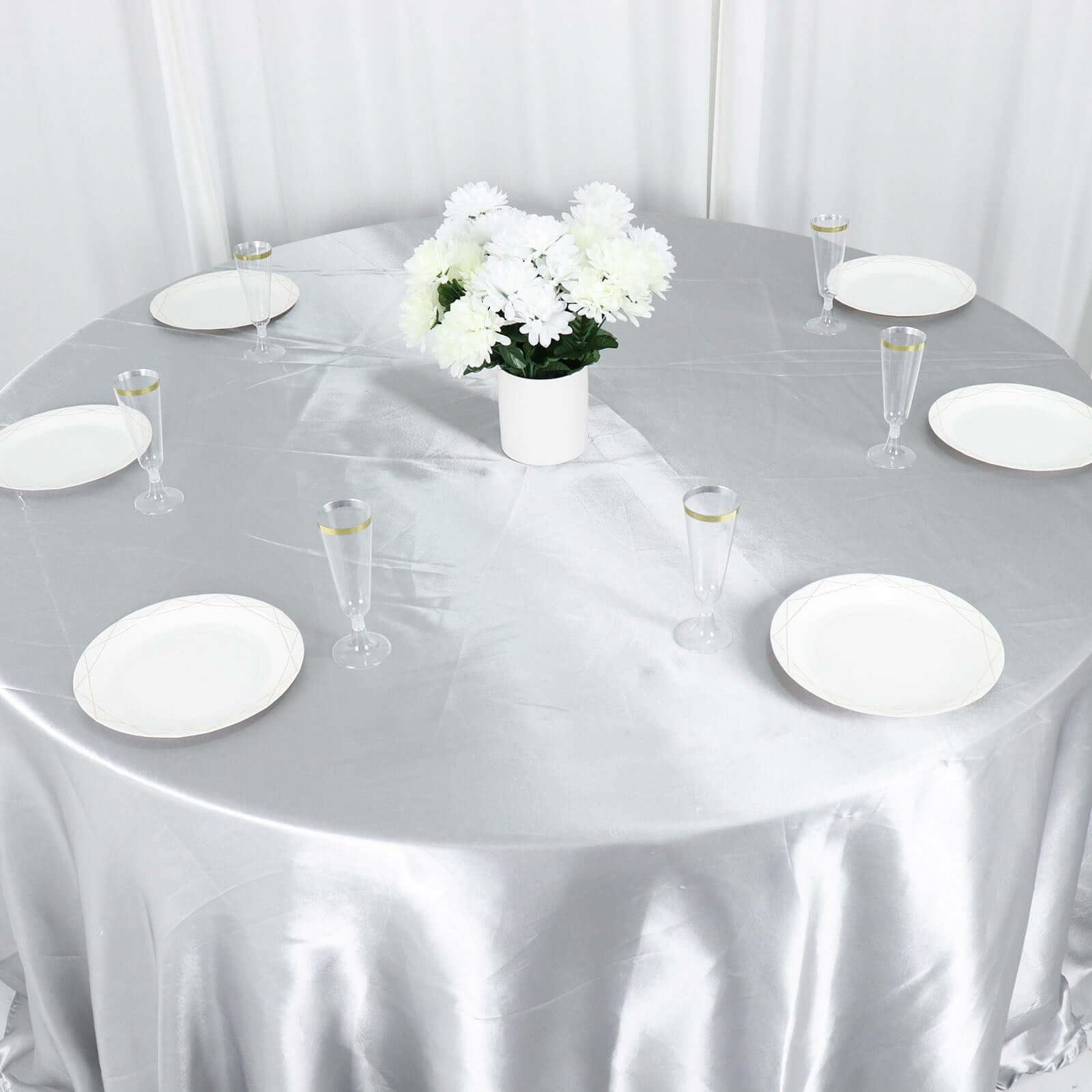Satin 132" Round Tablecloth Silver - Stylish Seamless Table Cover