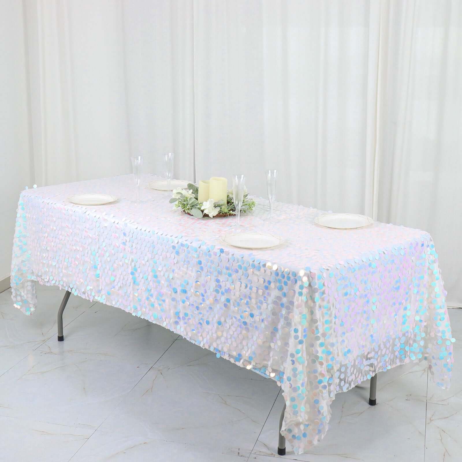 Sequin 60"x102" Rectangle Tablecloth Iridescent Blue - Big Payette Design for Modern Gatherings