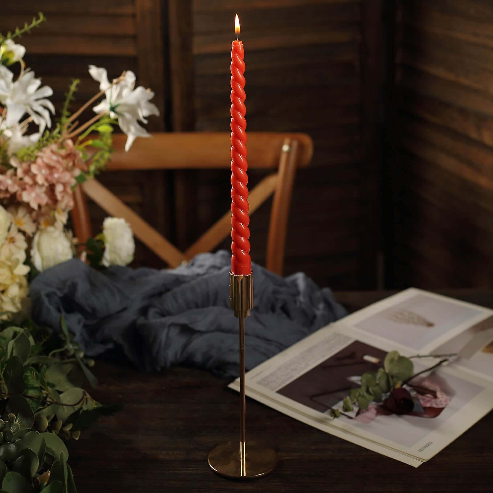 12-Pack Taper Candles Spiral Long Burn Wick Design Terracotta (Rust) - Premium Unscented Wax Dinner Candle Sticks 11"