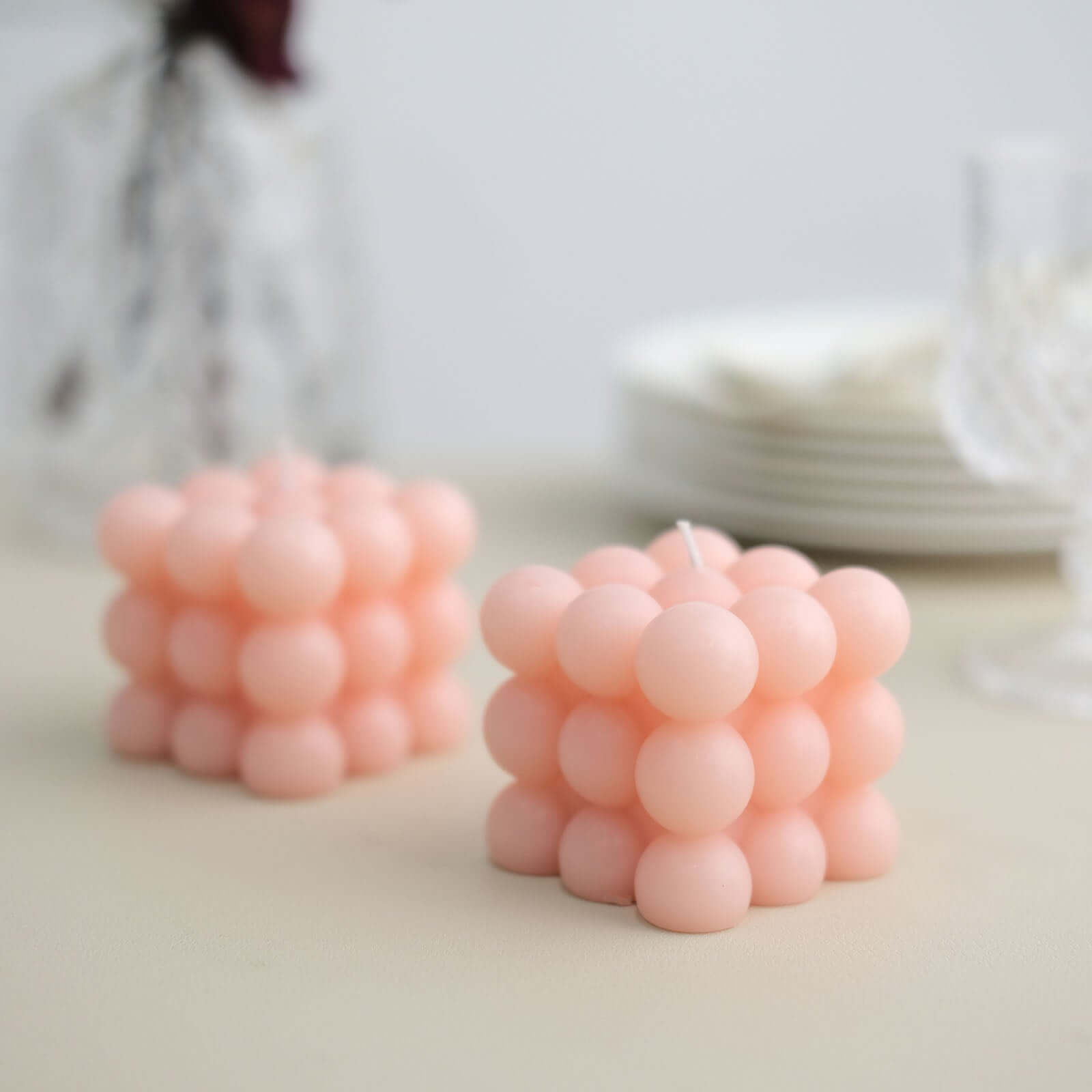 2-Pack Decorative Paraffin Wax Candles Bubble Cube Design Blush - Unscented Long Burning Pillar Candle Set 2"
