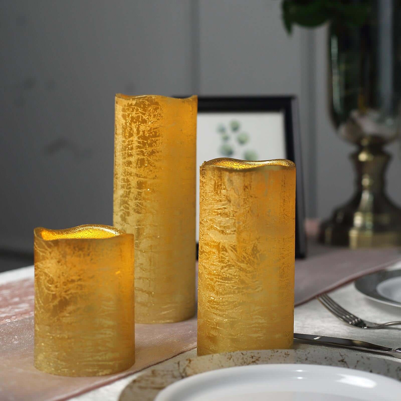 Set of 3 LED Flameless Pillar Candles Remote Operated Metallic Gold - Battery Powered 4", 6", 8"