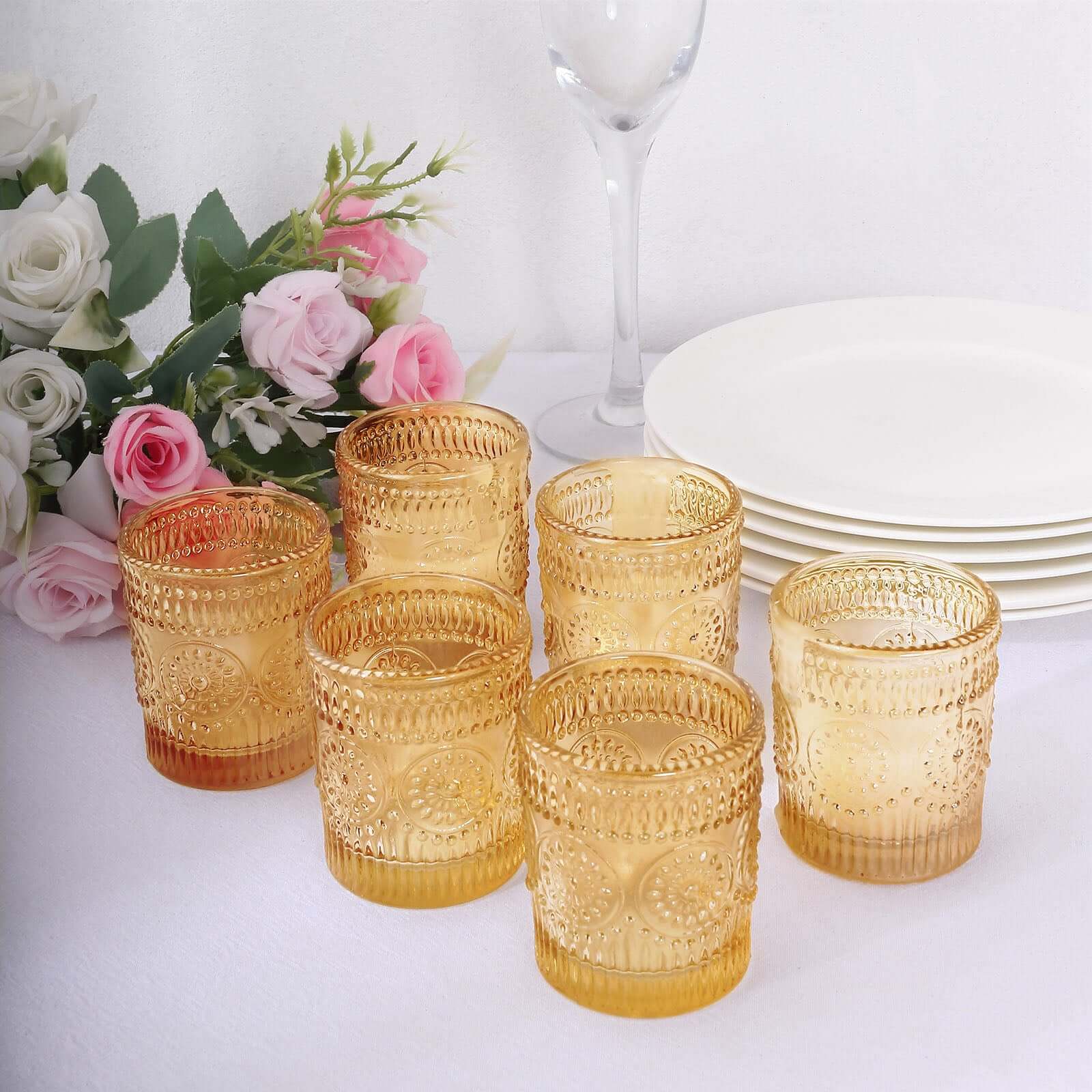 6-Pack Amber Gold Glass Votive Tealight Holders - Stylish Primrose Design for Weddings & Décor