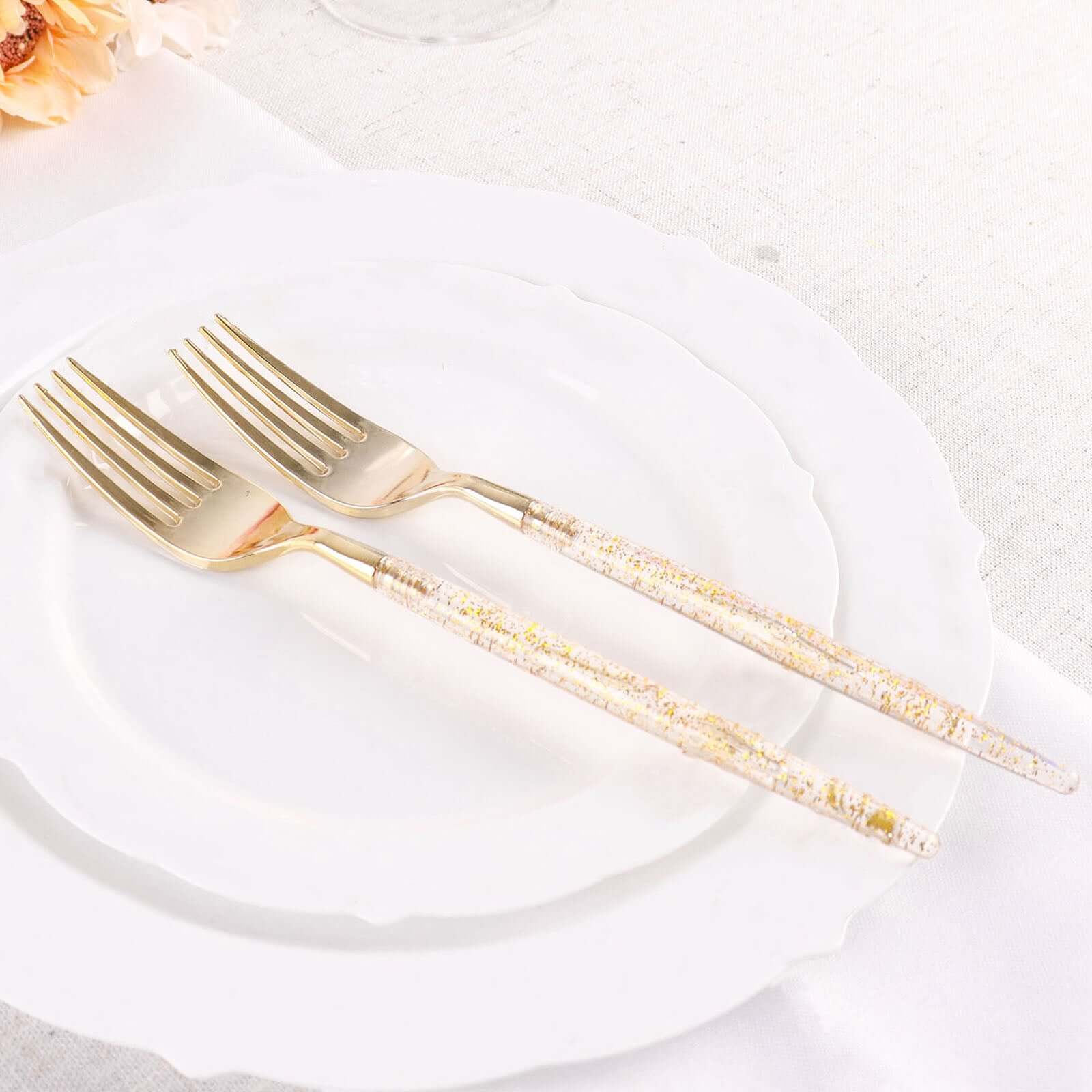 24-Pack Plastic Forks with Gold Glitter - Disposable Silverware Cutlery for Events