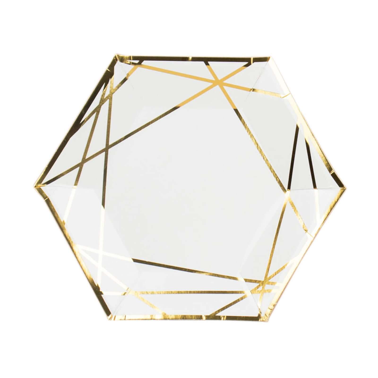 25-Pack Paper 7" Hexagon Dessert Plates in White with Gold Geometric Lines & Rim - Stylish Disposable Geometric 300GSM Appetizer Salad Plates for Events & Banquets