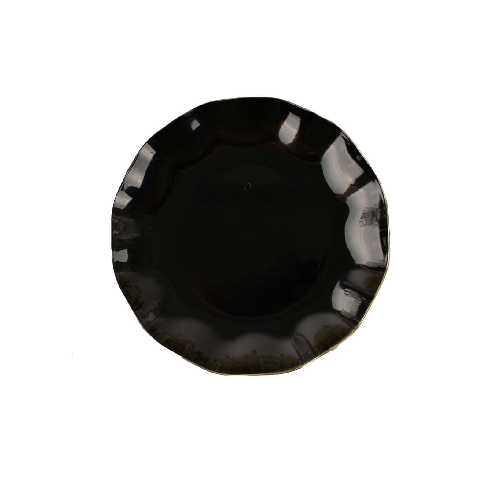 10-Pack Plastic Round 6" Dessert Plates in Black Ruffled Rim with Gold Edging - Sturdy Disposable Salad Appetizer Dinnerware