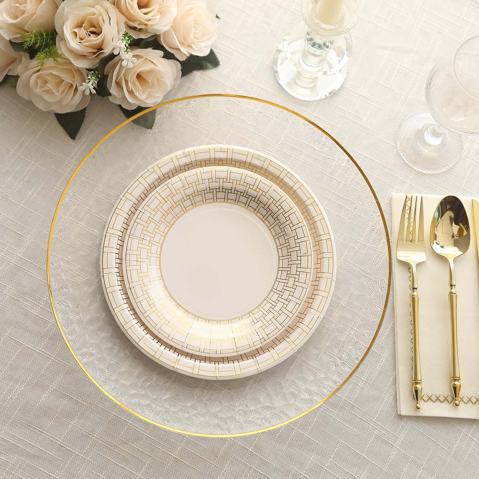 25-Pack Paper 7" Round Dessert Plates in White with Gold Basketweave Rim