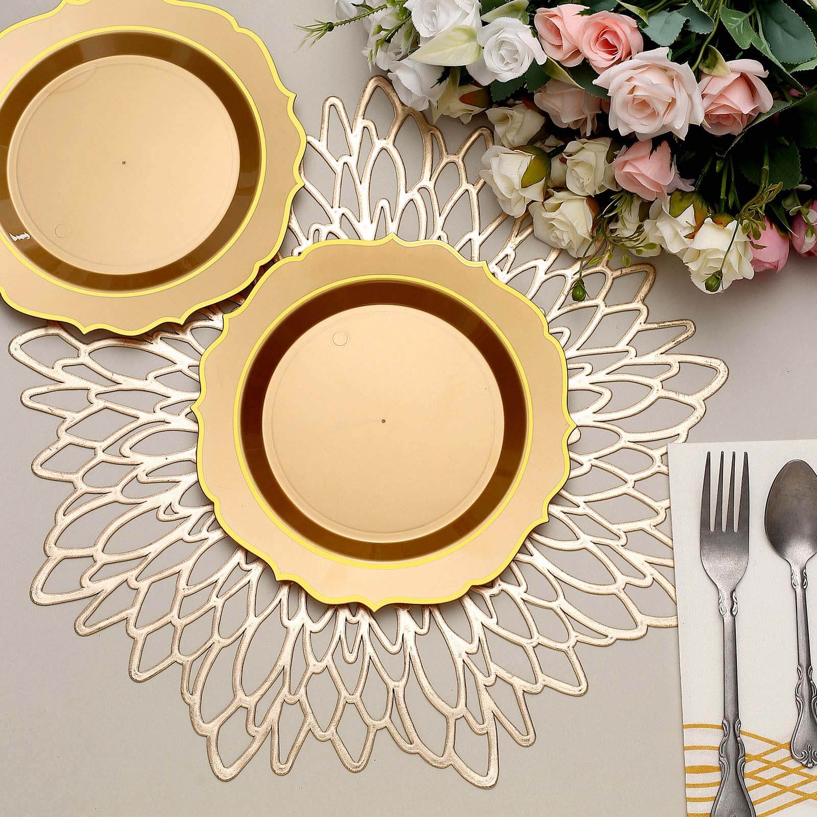 10-Pack Plastic 8" Round Dessert Plates in Gold with Gold Scalloped Rim - Disposable Appetizer/Salad Plates
