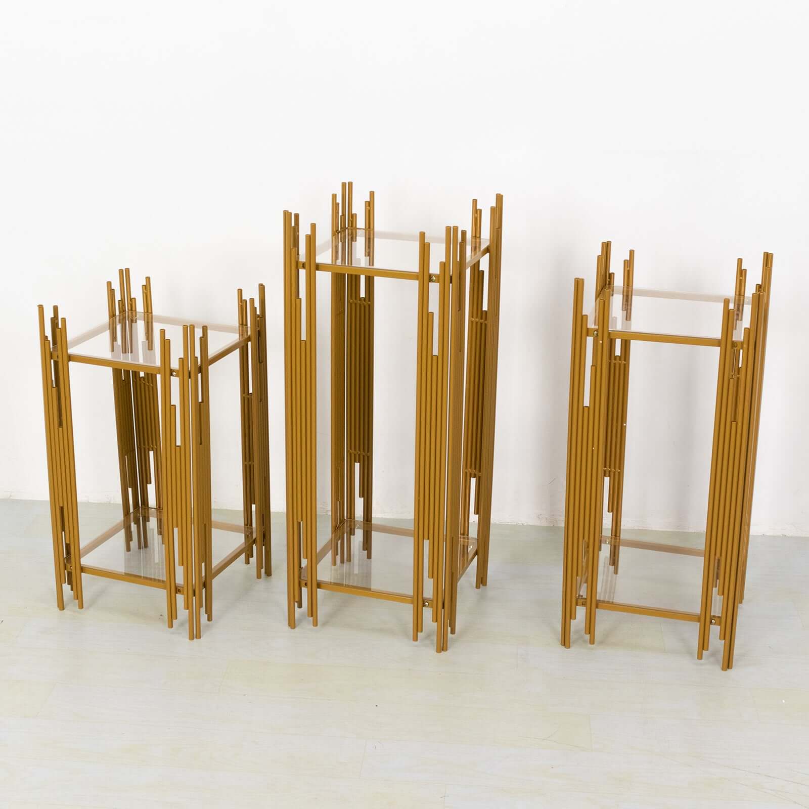 Set of 3 Wedding Pedestal Stands Square Acrylic Plate Design Gold - Metal Flower Display Plinths 26",30",34"