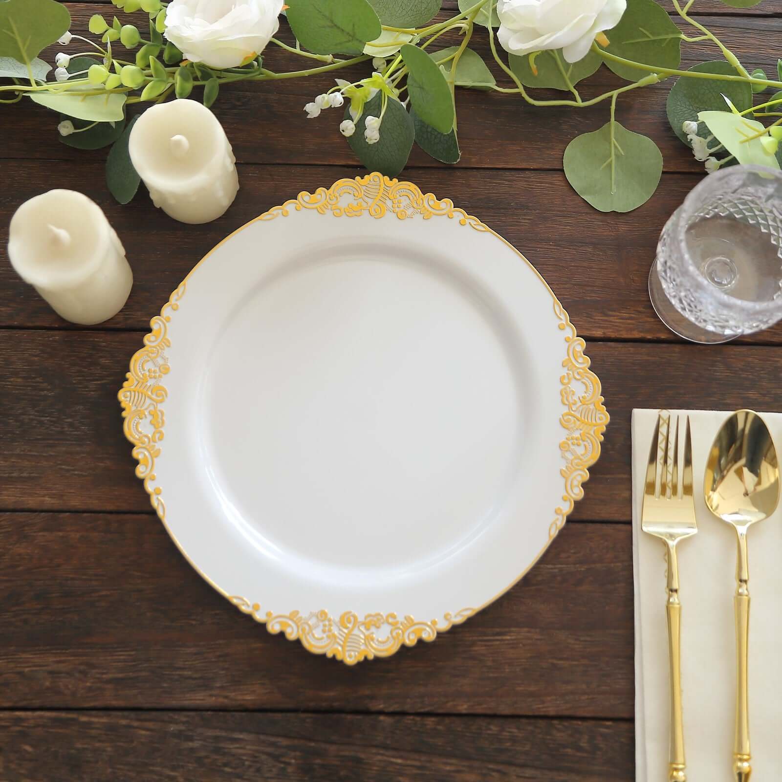10-Pack Plastic 10" Round Dinner Plates in White with Gold Leaf Embossed Rim - Disposable Vintage Baroque Style Plates for Luxurious Gatherings & Events