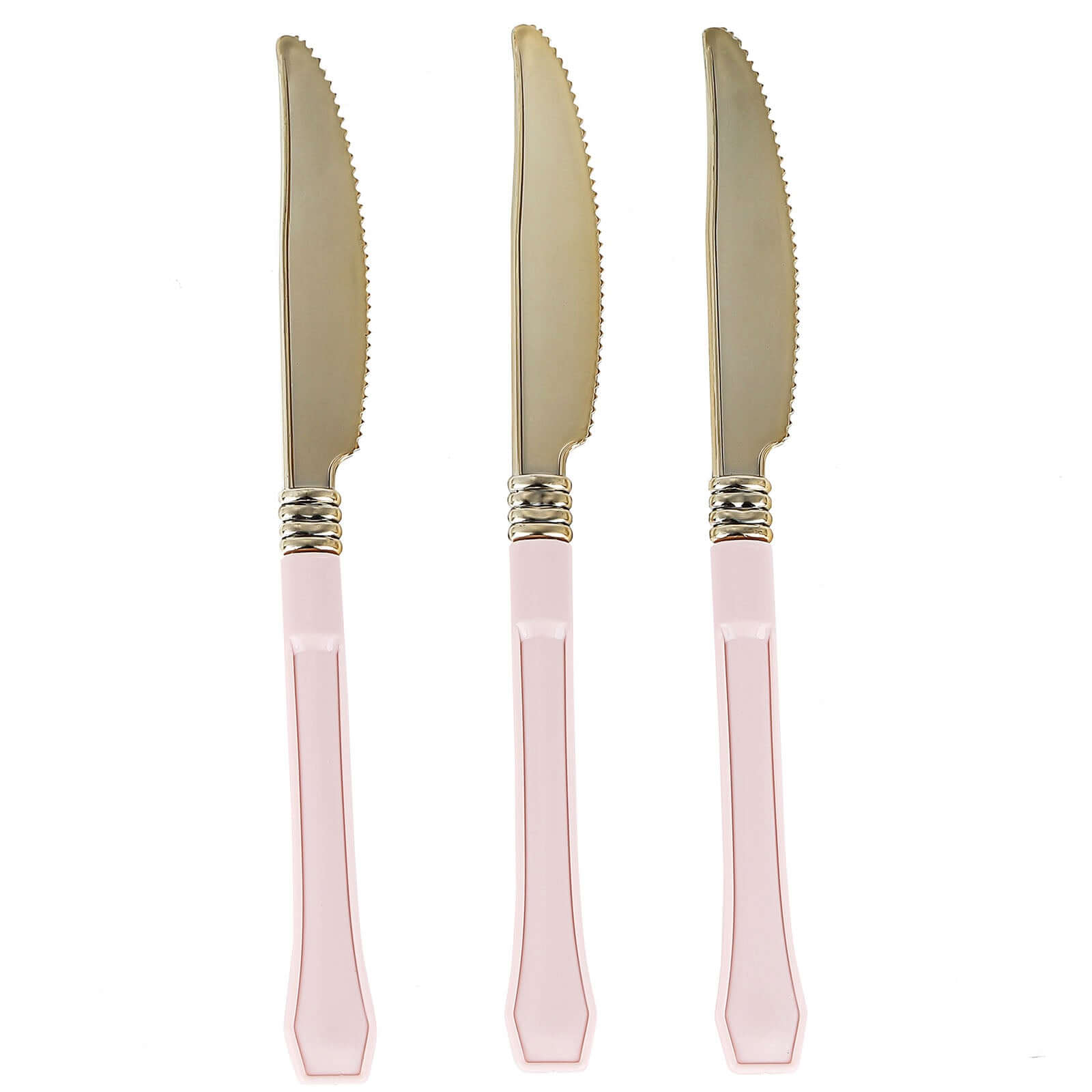 24 Pack Gold 7.5" Heavy Duty Plastic Knives with Blush Handle, Disposable Silverware