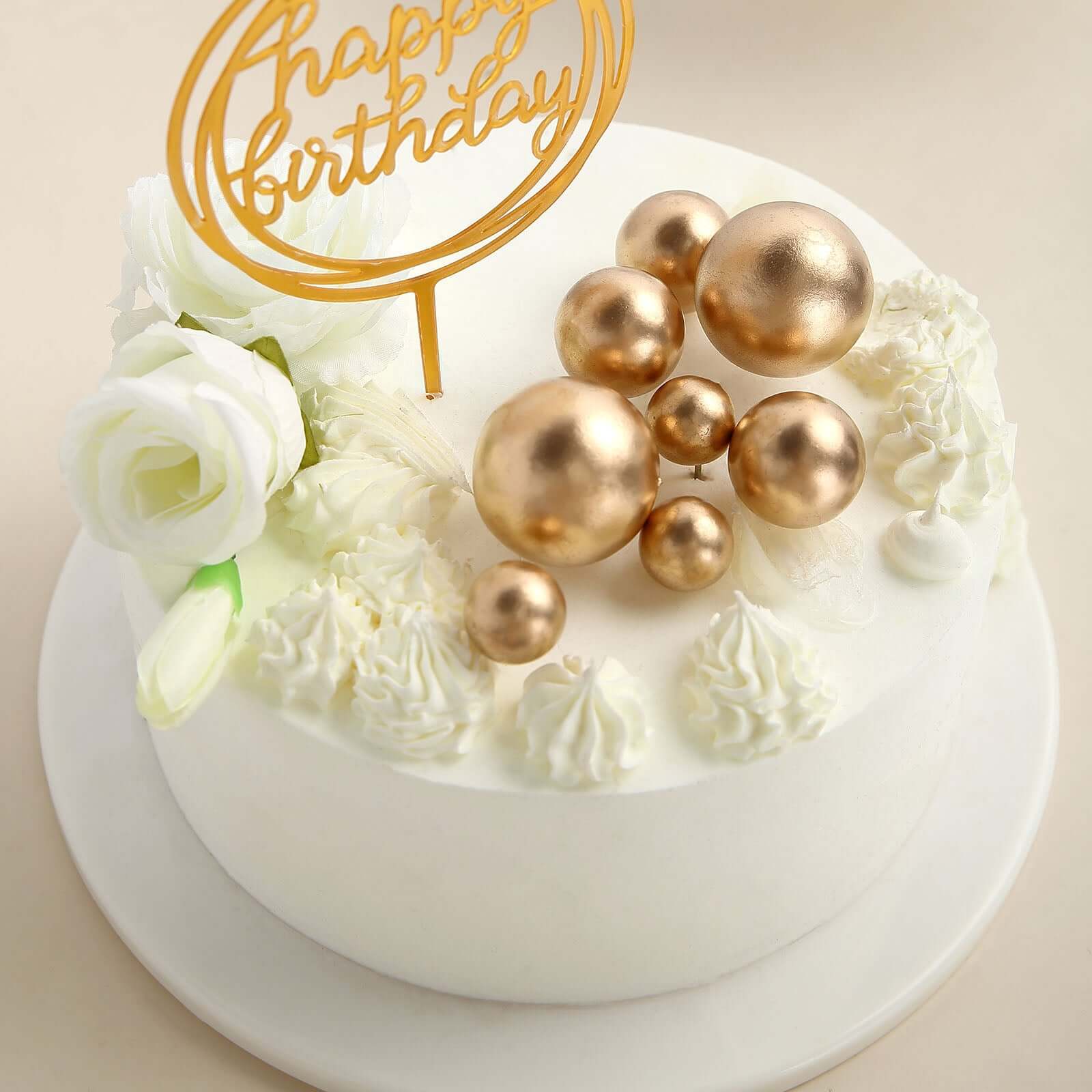 12 Pcs Cake Topper Picks Faux Pearl Ball Design Gold - Foam Balloon DIY Cupcake Decor Supplies Assorted Sizes