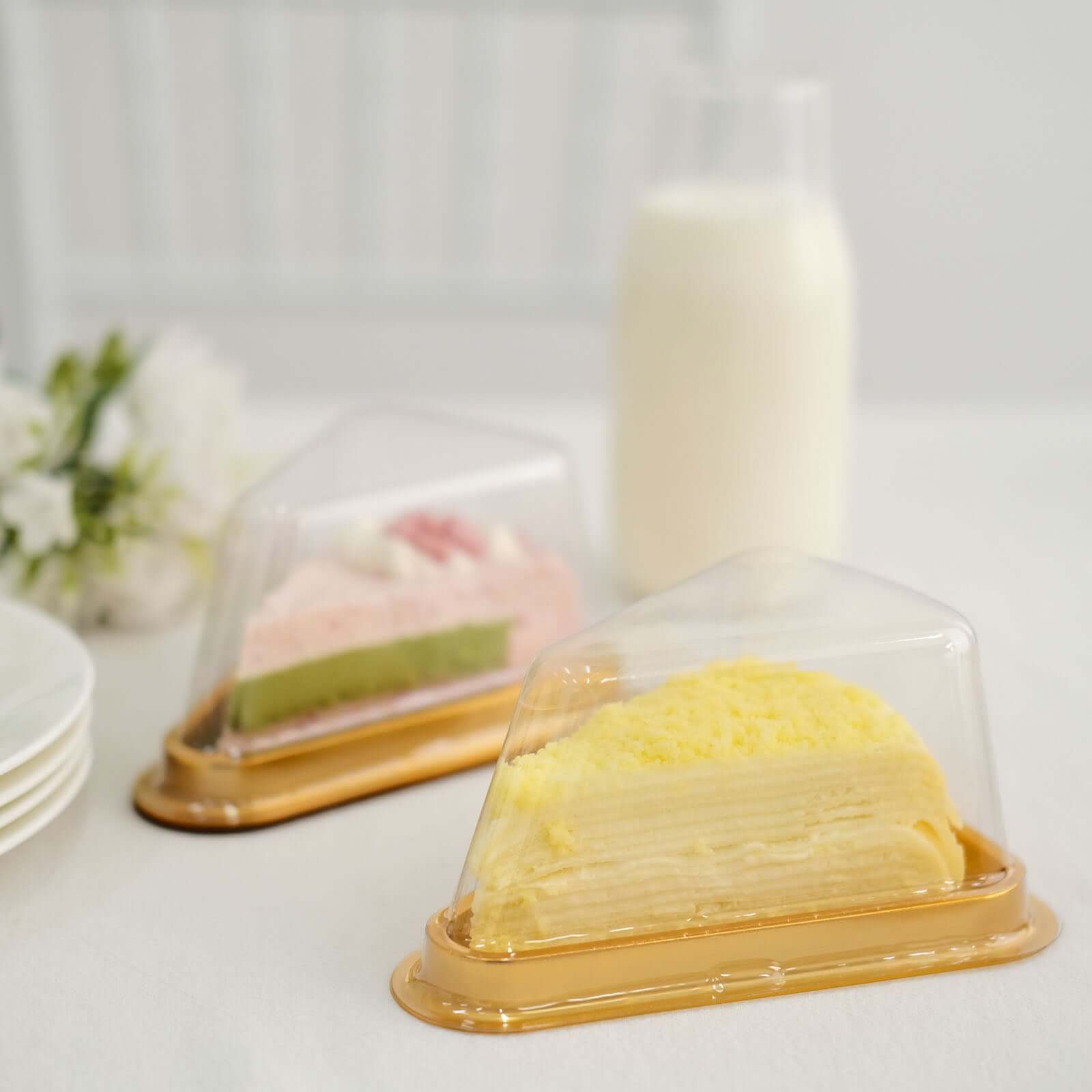50-Pack Plastic Cake Slice Favor Containers Gold/Clear - Chic Individual Cheesecake Pie Party Favor Boxes with Lid for Events & Catering 6"x4.5"x2.5"