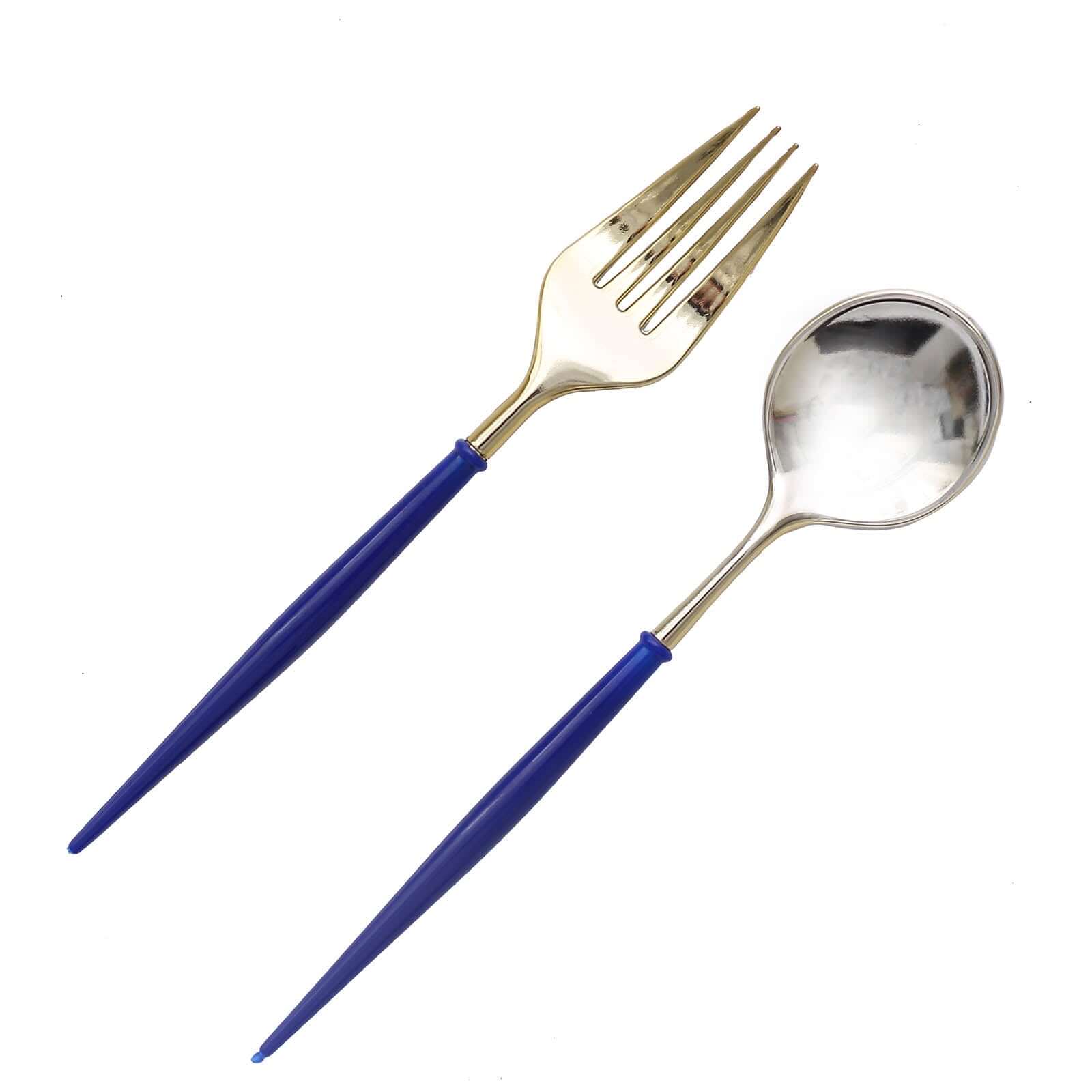 24-Pack Plastic Fork and Spoon Set Gold/Royal Blue 6"