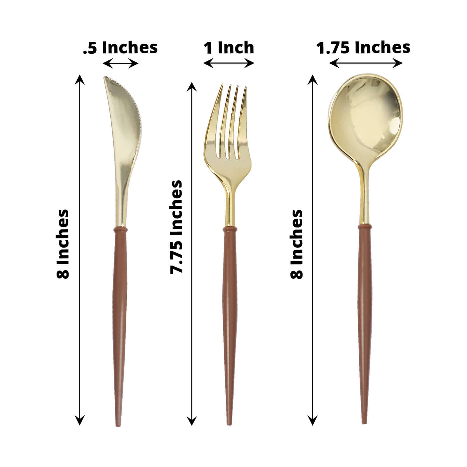 24-Pack Plastic Flatware Set in Metallic Gold with Brown Handle - Heavy Duty Disposable Modern Silverware 8"