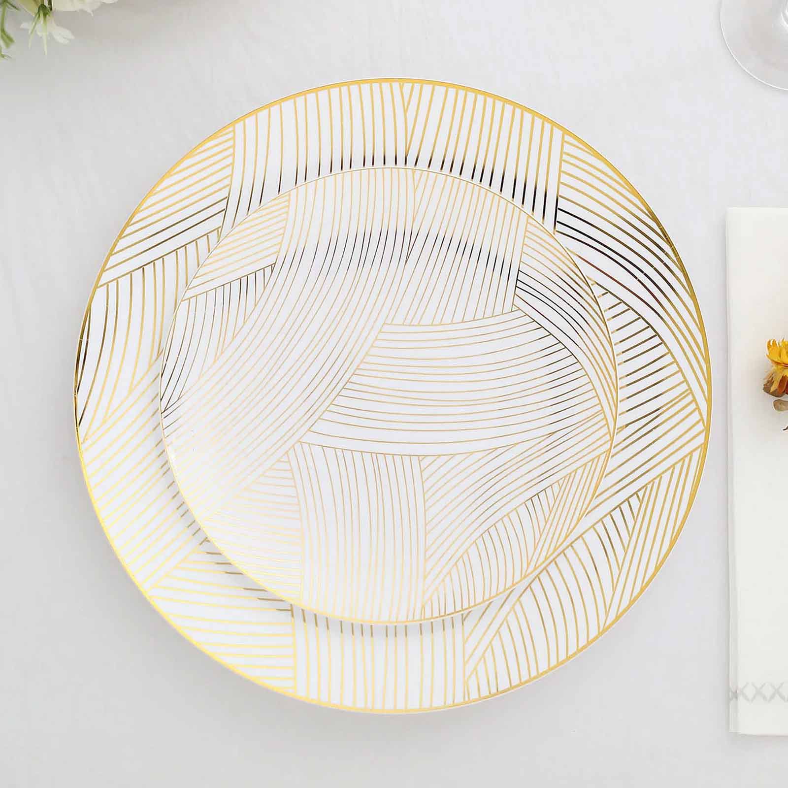 10-Pack Plastic 7" Round Dessert Plates in White with Gold Wave Brush Strokes Pattern - Disposable Appetizer Salad Plates for Modern & Classy Table Decor