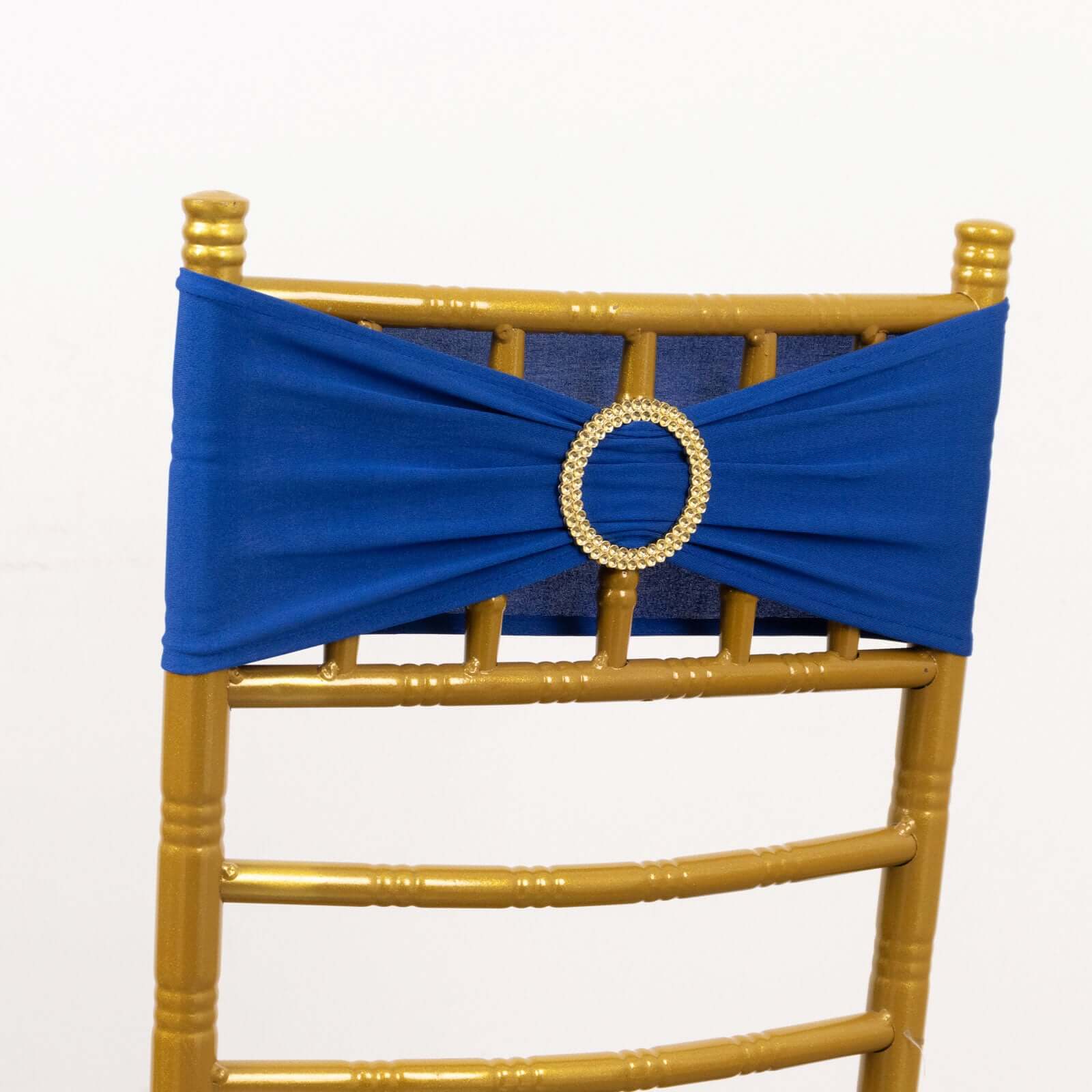 5 Pack Spandex Chair Sashes Royal Blue with Gold Rhinestone Buckles - Reusable Four-Way Stretch Sash Bands 5"x14"
