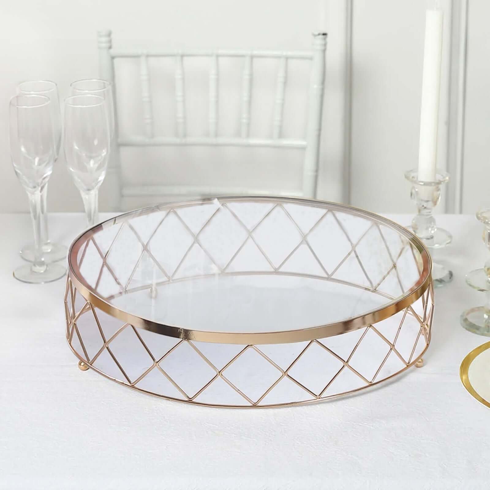 Metal Cake Stand Geometric Diamond Cut Design Gold with Glass Top - Dessert Display Riser 16"