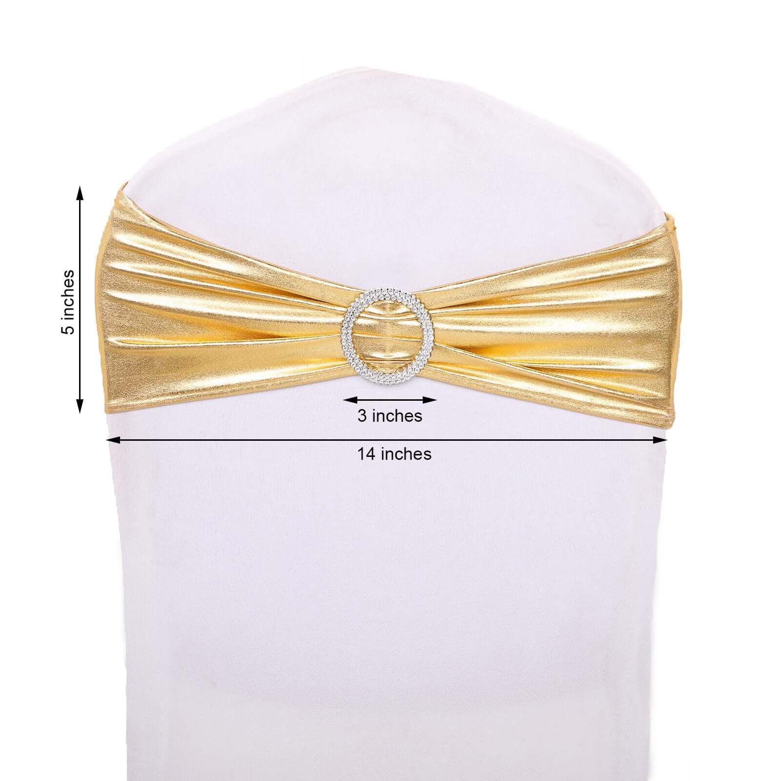 5 Pack Metallic Spandex Chair Sashes Gold - Stretch Fit Chair Bands With Round Diamond Buckles for Glamorous Event Decor