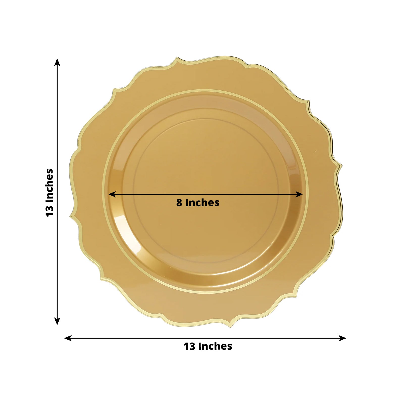 10-Pack Economy Plastic Round Charger Plates 13" in Gold with Scalloped Rim, Decorative Dinner Party Serving Plates