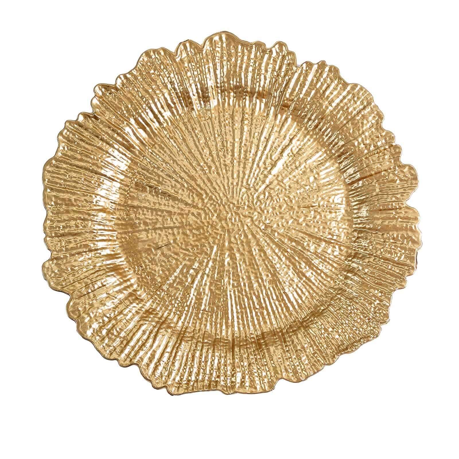 6-Pack Acrylic Plastic Round Charger Plates 13" in Gold with Reef Design, Classy Dinner Party Charger Tableware