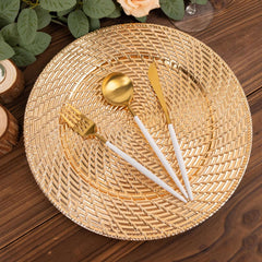 6-Pack Acrylic Round Charger Plates 13" in Metallic Gold with Swirl Rattan Pattern, Farmhouse Plastic Charger Tableware