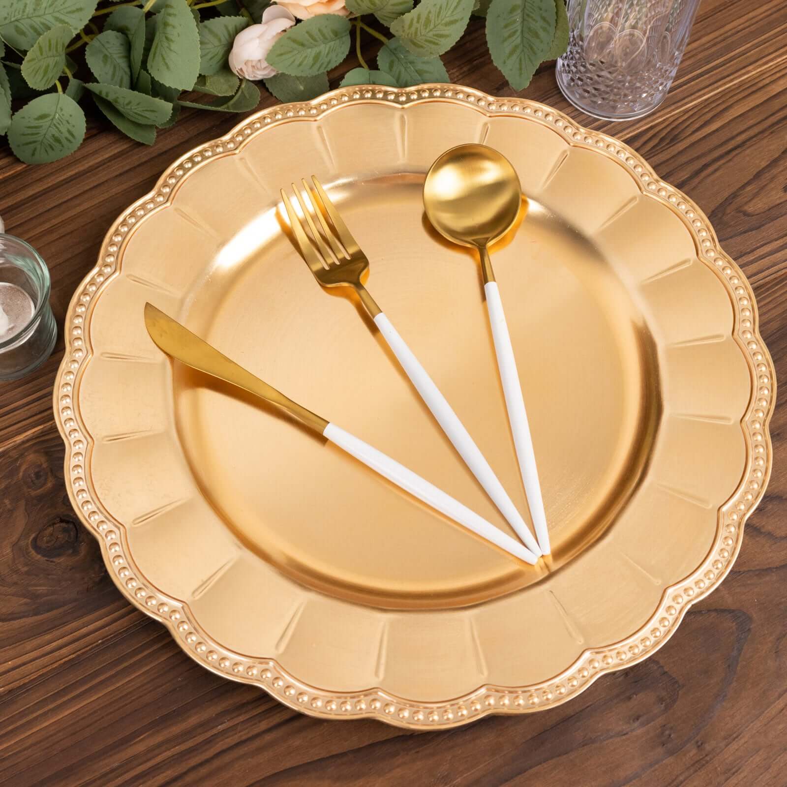6-Pack Acrylic Round Charger Plates 13" in Metallic Gold with Beaded Sunflower Rim, Plastic Dinner Party Charger Tableware