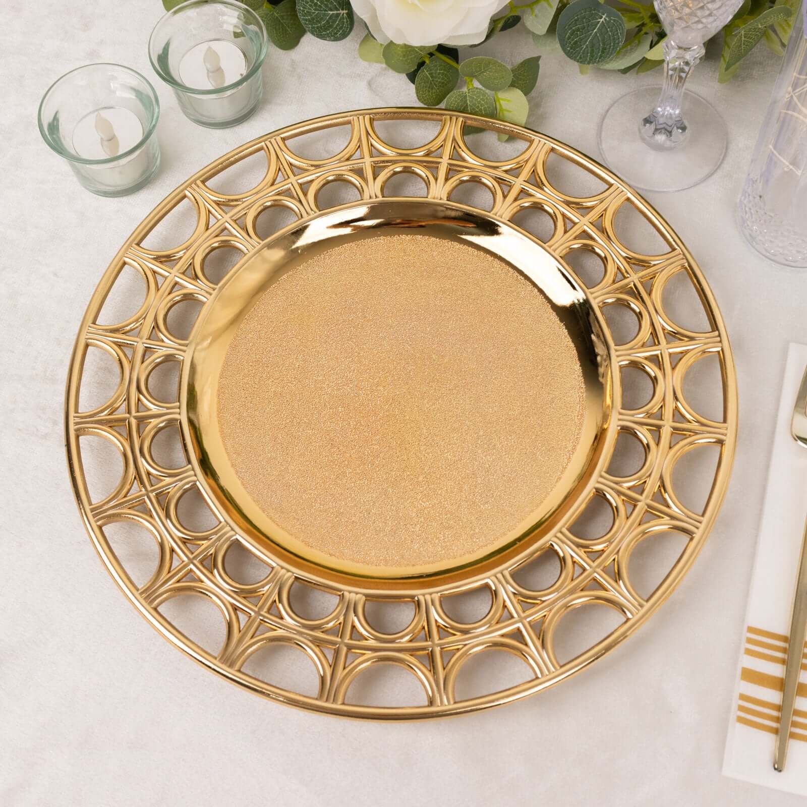 6-Pack Acrylic Round Charger Plates 13" in Metallic Gold with Hollow Semi Circle Rim, Plastic Decorative Charger Tableware