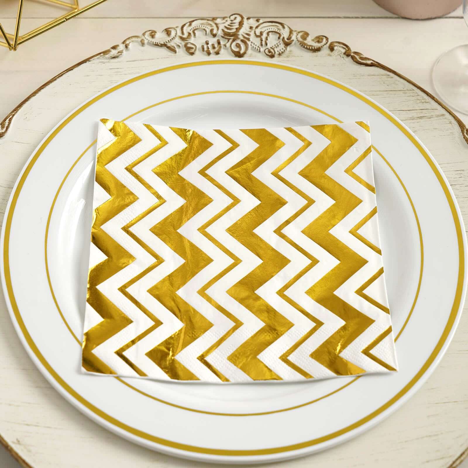 20-Pack Paper Dinner Napkins with Chevron Design Metallic Gold - Disposable 3 Ply Cocktail Napkins for Weddings