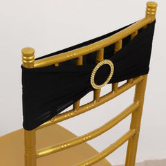 5 Pack Spandex Chair Sashes Black with Gold Rhinestone Buckles - Reusable Four-Way Stretch Sash Bands 5"x14"