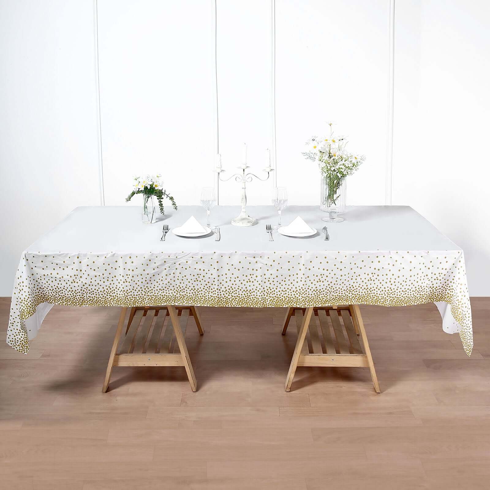 5-Pack Plastic Table Covers White Rectangle with Gold Confetti Dots - Durable PVC Disposable Tablecloths for Events 54"x108"
