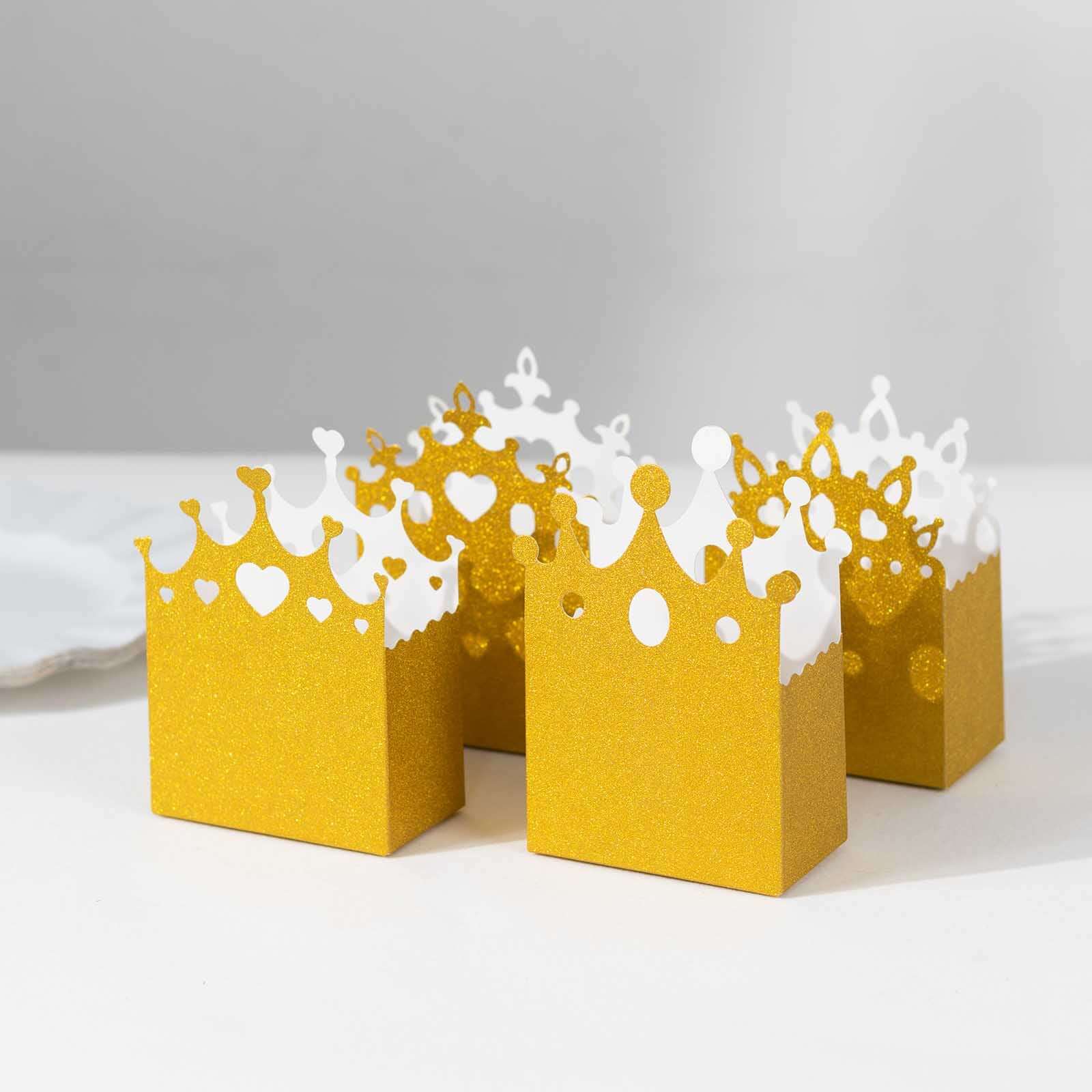 20-Pack Cardstock Favor Boxes Gold Glitter Princess Crown Design - Regal Fantasy Fairytale InspiredTreat Bags for Wedding Birthday Baby Shower Decorations 3.5"x 2"x 5"