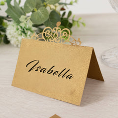 50-Pack Gold Place Cards with Laser Cut Crown Design – Printable Reservation Seating Self Standing Cards - 2"x4"