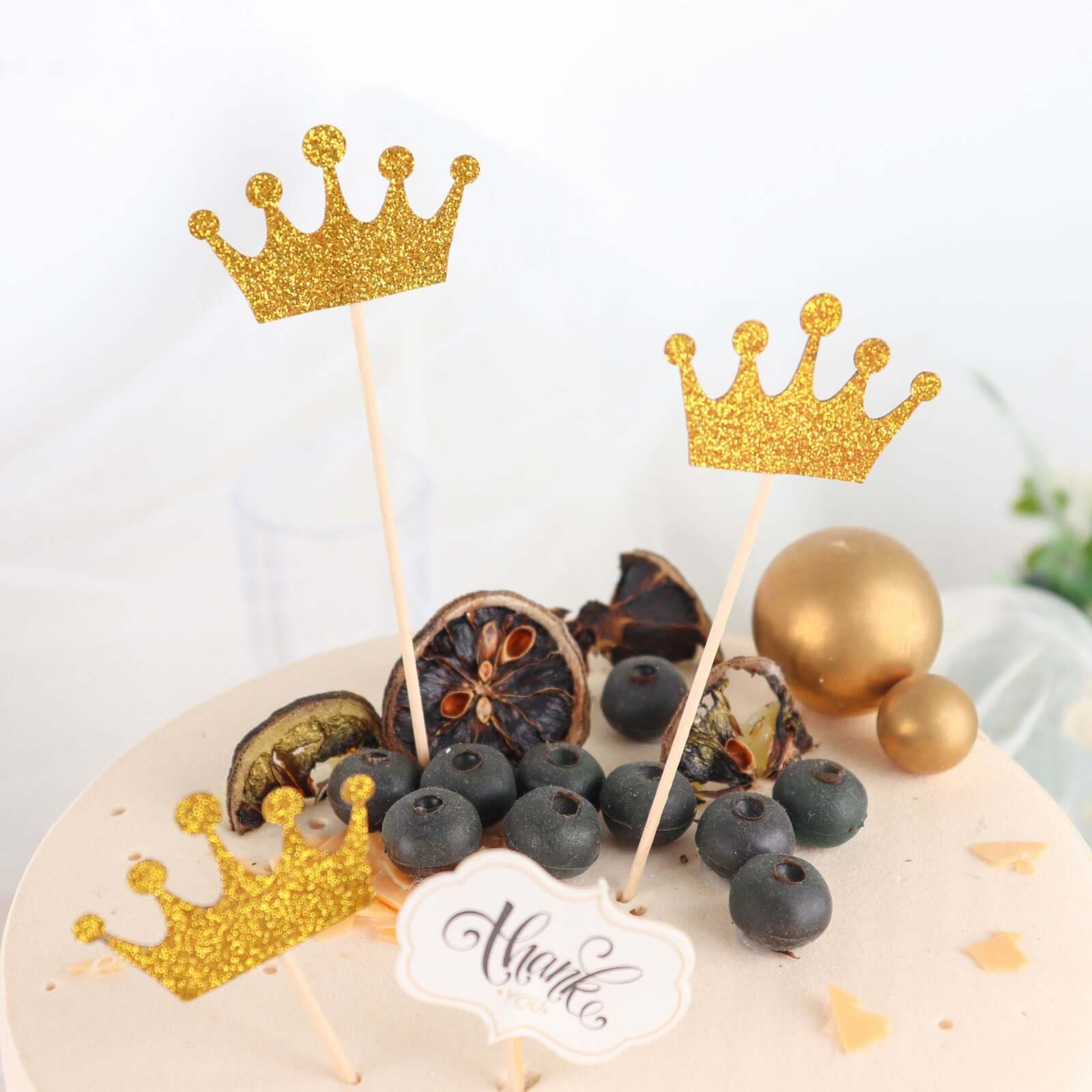 24-Pack Cupcake Topper Picks Royal Crown Design Glitter Gold - Party Cake Toppers 5"