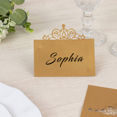 50-Pack Gold Place Cards with Laser Cut Crown Design – Printable Reservation Seating Self Standing Cards - 2"x4"