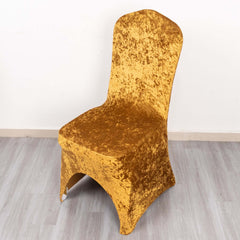 Crushed Velvet Spandex Banquet Chair Cover Fitted Slipcover Gold - Stretch 190GSM Slipcover with Foot Pockets